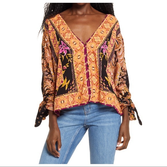 FREE PEOPLE BOHO FLOWY TOP PULLOVER BOHEMIAN PRINT V-NECK BLOUSE A3C - Picture 11 of 16